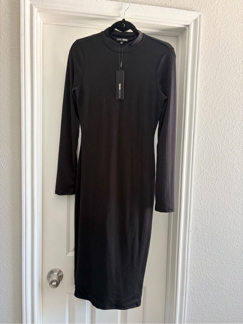 Fashion Nova Black Ribbed Mock Neck Long Sleeve Midi Dress